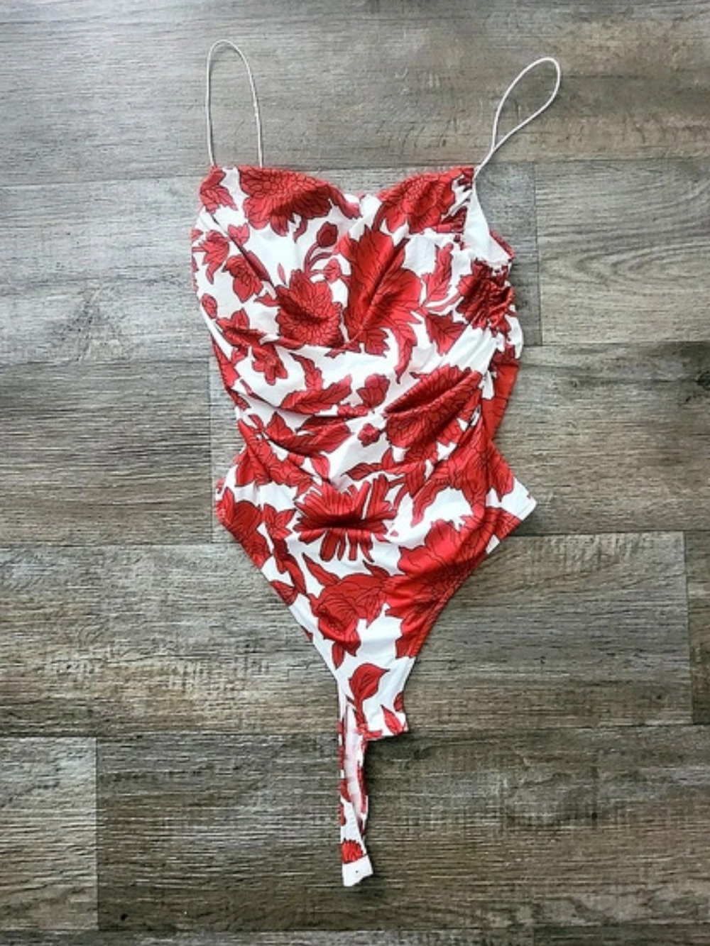 Lulus Botanical Bombshell Red Floral Print Cowl Neck Bodysuit One-Piece Swimsuit